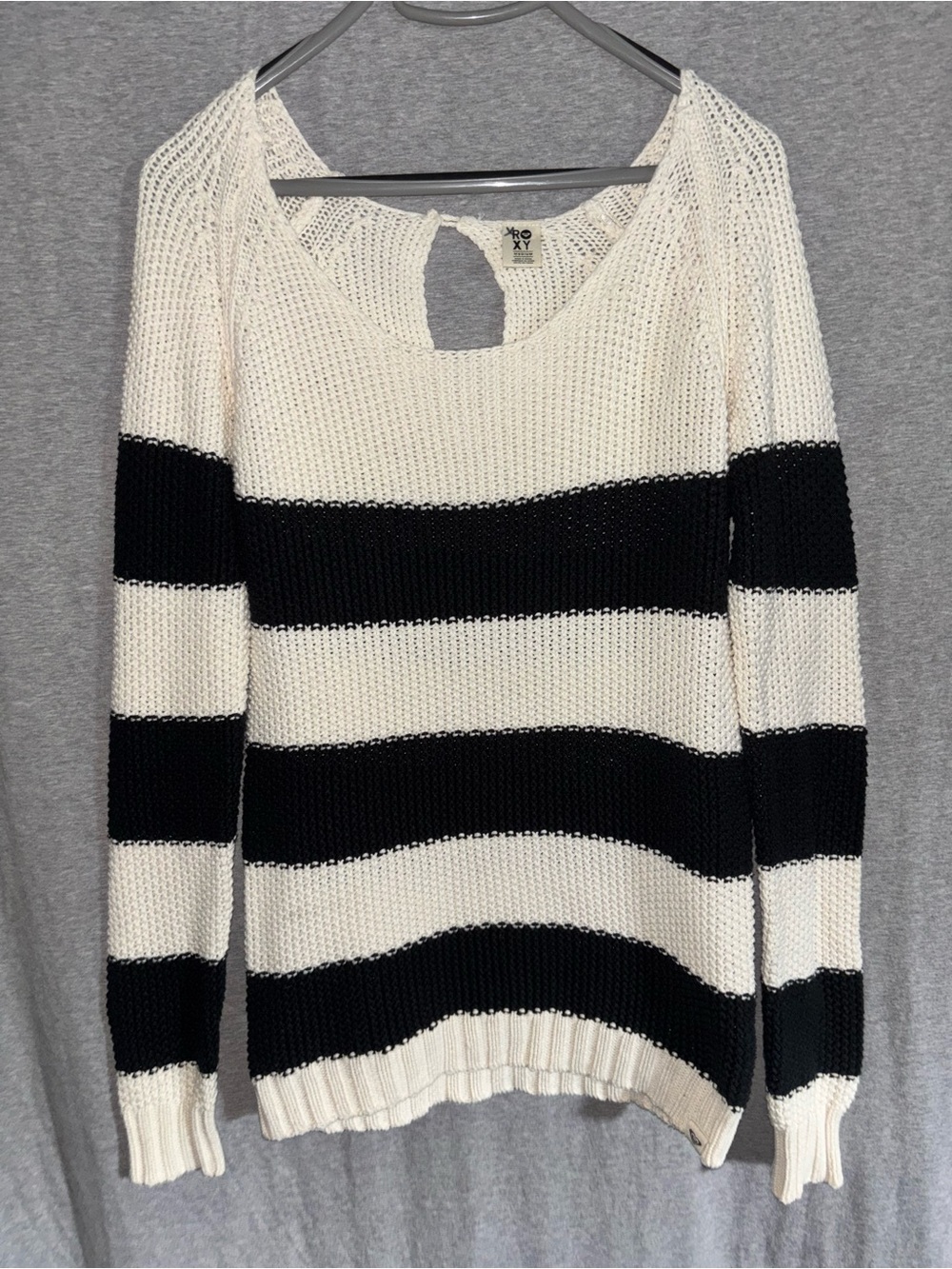 Roxy Black & White Striped Scoop Neck Sweater